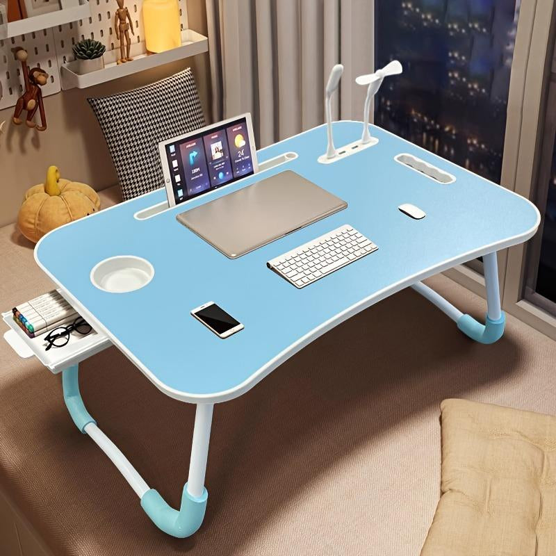 [Line]Ultra Large Portable Laptop Bed Table - Multi Functional Tray Holder with Cup Holder and Drawer, USB, Fan, and Light - Perfect for Eating, Reading, and Writing on Beds, Sofas, Floors - Stable, Durable, and Foldable