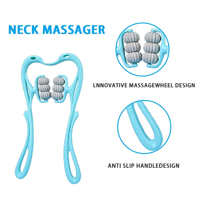 Neck Massager with Six Wheels for Neck Muscle Relaxation Rotatable Adjustment Massaging Legs and Arms in Pink and Blue Colors
