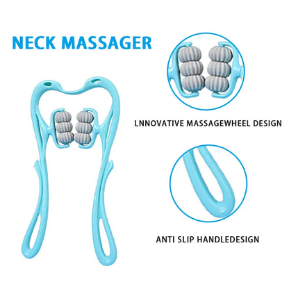 Neck Massager with Six Wheels for Neck Muscle Relaxation Rotatable Adjustment Massaging Legs and Arms in Pink and Blue Colors