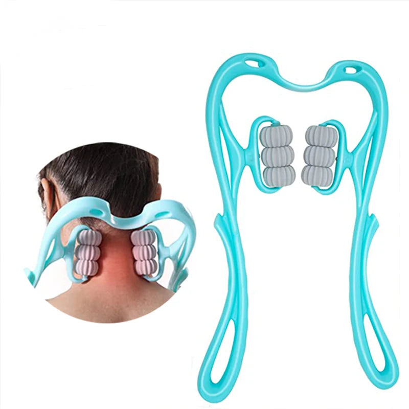 Neck Massager with Six Wheels for Neck Muscle Relaxation Rotatable Adjustment Massaging Legs and Arms in Pink and Blue Colors