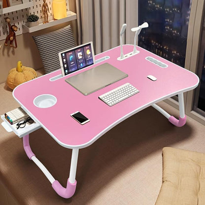 [Line]Ultra Large Portable Laptop Bed Table - Multi Functional Tray Holder with Cup Holder and Drawer, USB, Fan, and Light - Perfect for Eating, Reading, and Writing on Beds, Sofas, Floors - Stable, Durable, and Foldable