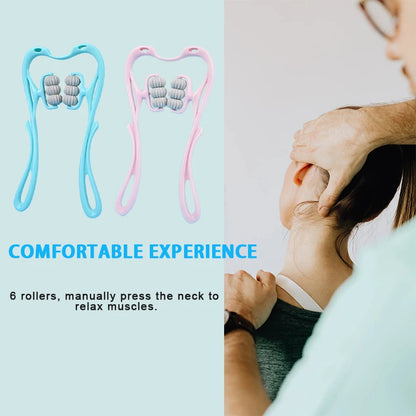 Neck Massager with Six Wheels for Neck Muscle Relaxation Rotatable Adjustment Massaging Legs and Arms in Pink and Blue Colors