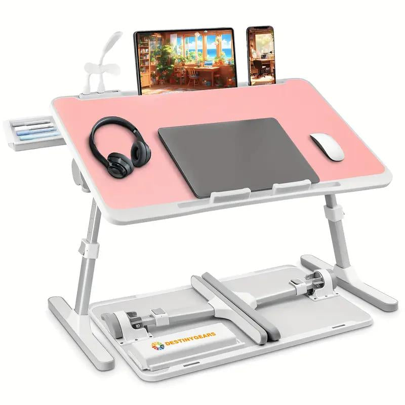 [Line]Ultra Large Portable Laptop Bed Table - Multi Functional Tray Holder with Cup Holder and Drawer, USB, Fan, and Light - Perfect for Eating, Reading, and Writing on Beds, Sofas, Floors - Stable, Durable, and Foldable