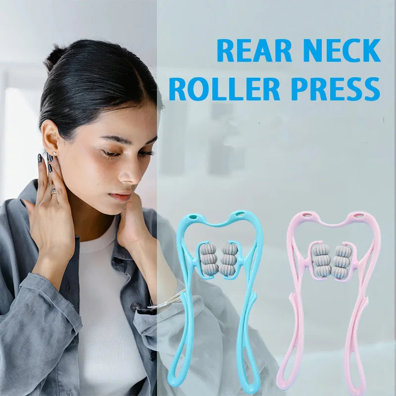 Neck Massager with Six Wheels for Neck Muscle Relaxation Rotatable Adjustment Massaging Legs and Arms in Pink and Blue Colors