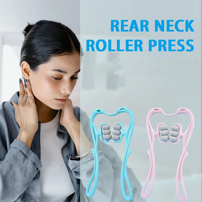 Neck Massager with Six Wheels for Neck Muscle Relaxation Rotatable Adjustment Massaging Legs and Arms in Pink and Blue Colors