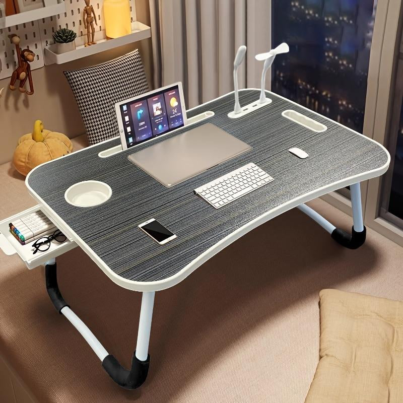 [Line]Ultra Large Portable Laptop Bed Table - Multi Functional Tray Holder with Cup Holder and Drawer, USB, Fan, and Light - Perfect for Eating, Reading, and Writing on Beds, Sofas, Floors - Stable, Durable, and Foldable