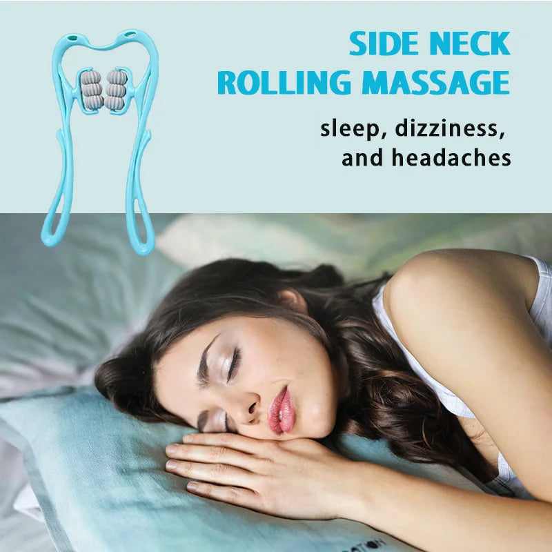 Neck Massager with Six Wheels for Neck Muscle Relaxation Rotatable Adjustment Massaging Legs and Arms in Pink and Blue Colors