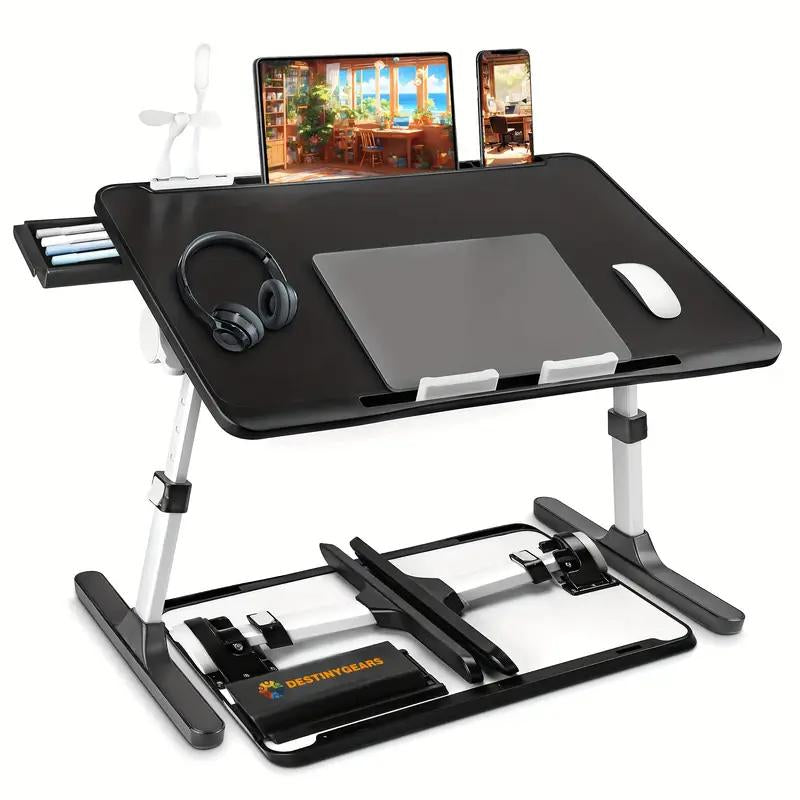 [Line]Ultra Large Portable Laptop Bed Table - Multi Functional Tray Holder with Cup Holder and Drawer, USB, Fan, and Light - Perfect for Eating, Reading, and Writing on Beds, Sofas, Floors - Stable, Durable, and Foldable