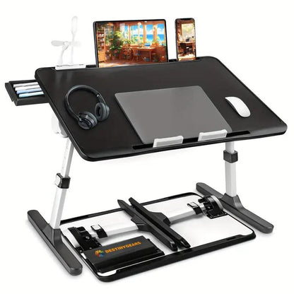 [Line]Ultra Large Portable Laptop Bed Table - Multi Functional Tray Holder with Cup Holder and Drawer, USB, Fan, and Light - Perfect for Eating, Reading, and Writing on Beds, Sofas, Floors - Stable, Durable, and Foldable